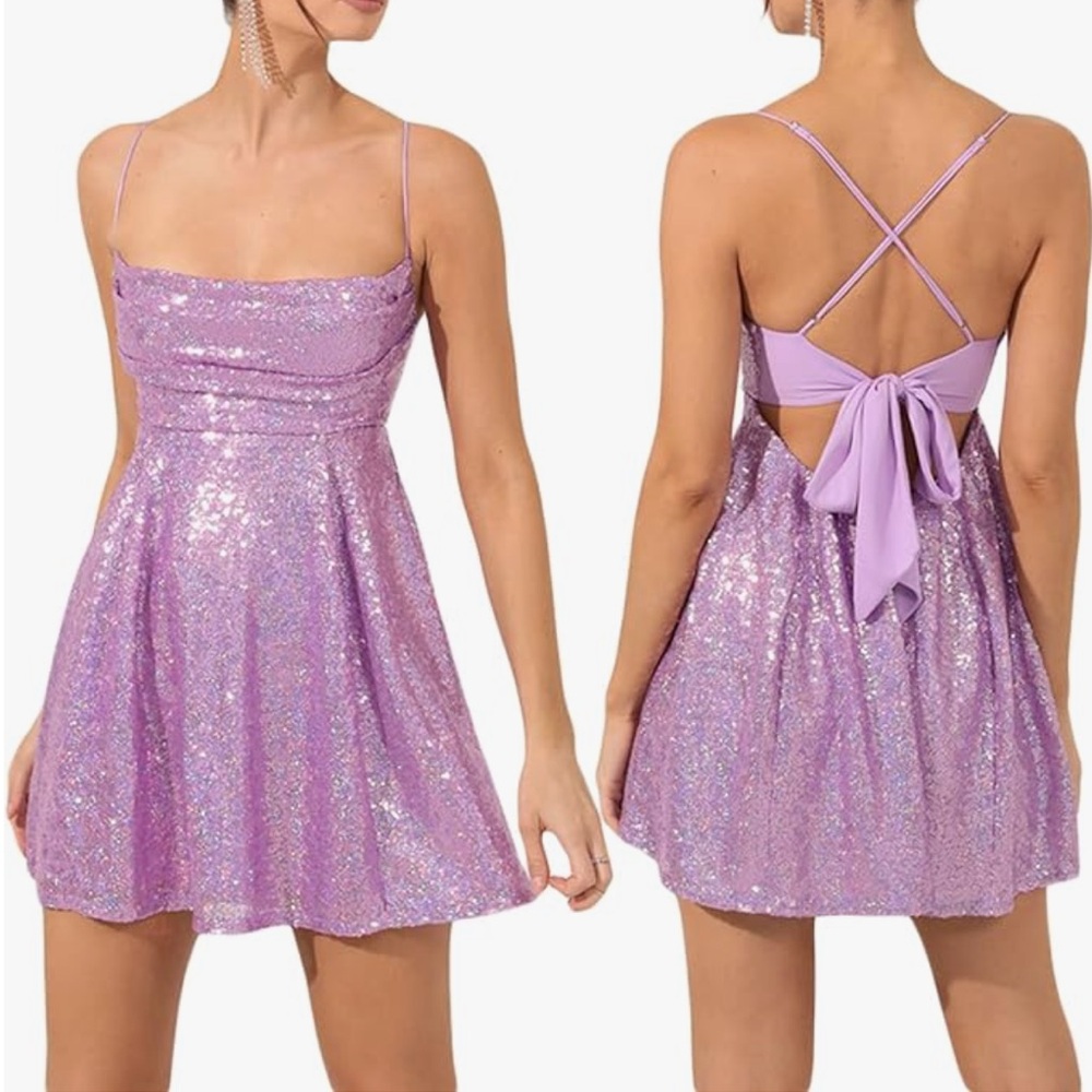 Women Sparkle Sequin Mini Dress Spaghetti Strap Backless Glitter Dress Low Cut